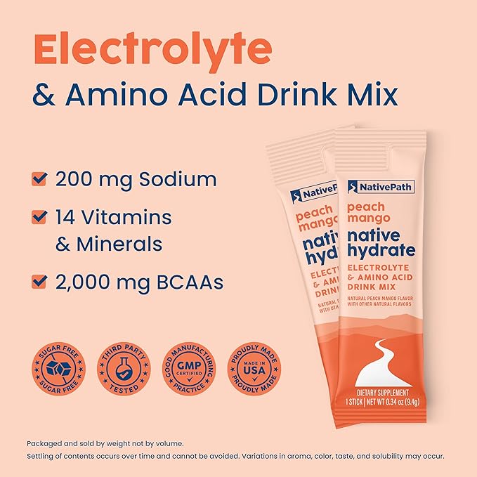 NativePath Native Hydrate Stick Packs, Sugar Free Electrolytes Powder with BCAAs, Peach Mango