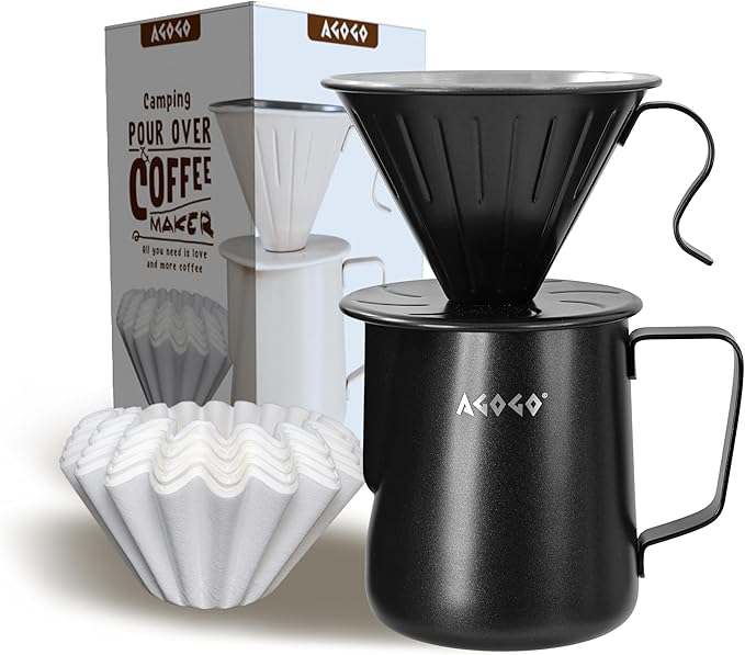 AGOGO Compact Portable Pour Over Coffee Maker Set - Easy Cleaning 304 Stainless Steel Dripper Set