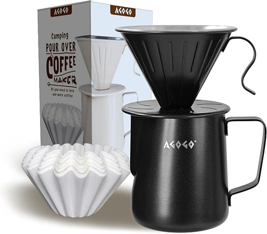 AGOGO Compact Portable Pour Over Coffee Maker Set - Easy Cleaning 304 Stainless Steel Dripper Set