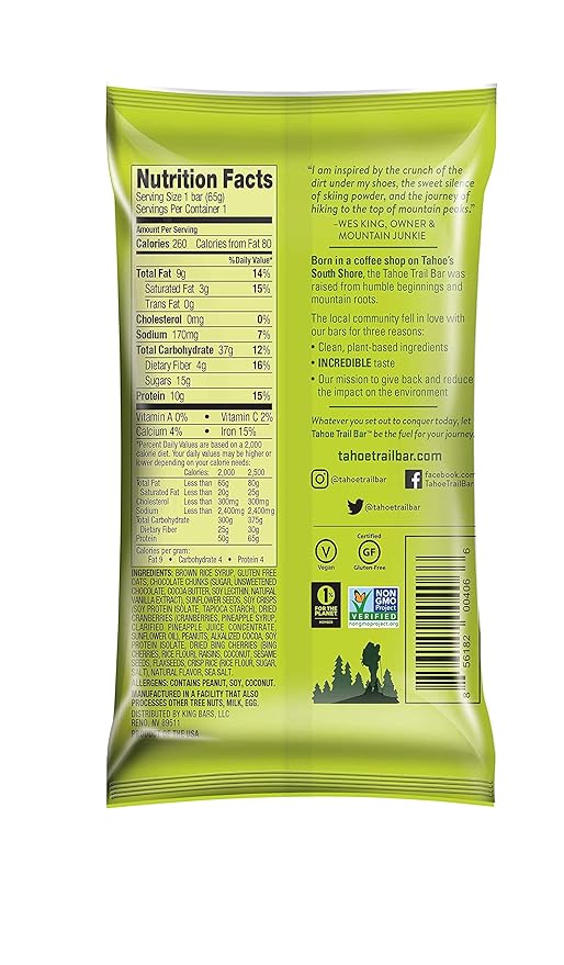Tahoe Trail Bar, Plant-Based Natural Energy Bar (2.3 Ounce Protein Bar, 12 Count) High Protein