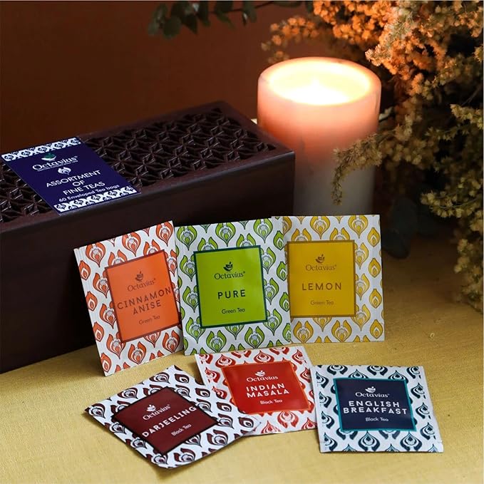 Octavius Gift's Select - Assorted Tea in Leafcut Design Wooden Box | 6 Flavors, 60 Tea Bags | Black