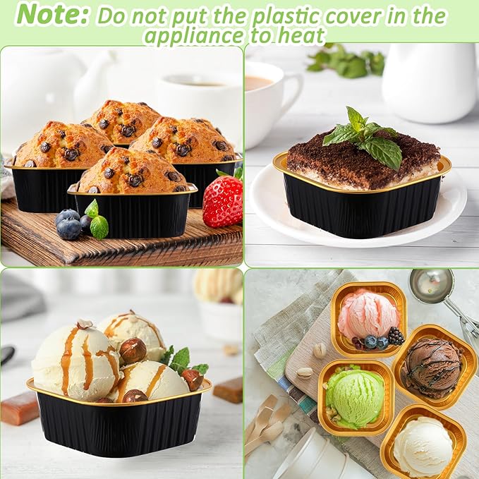 Aoriher 300 Pieces 10 oz Mini Cake Pans with Lids, Aluminum Foil Baking Cups, Square Disposable