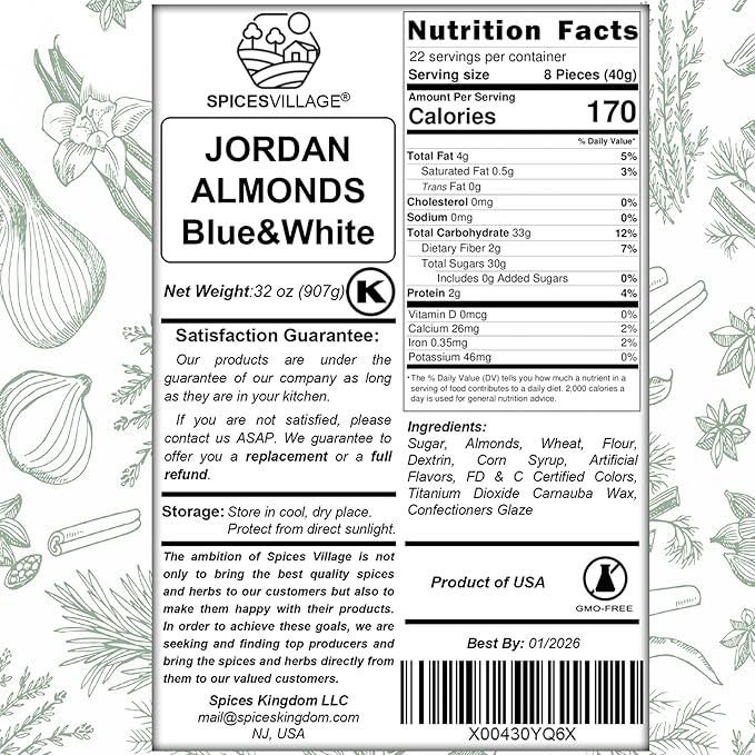 Spices Village Jordan Almonds, Blue and White, Crunchy Candy Coated Almonds, 32 oz, Perfect for