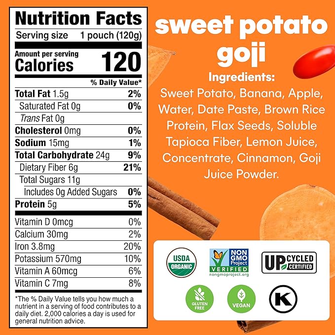 Noka Superfood Fruit Smoothie Pouches, Sweet Potato Goji, Healthy Snacks with Flax Seed, Plant