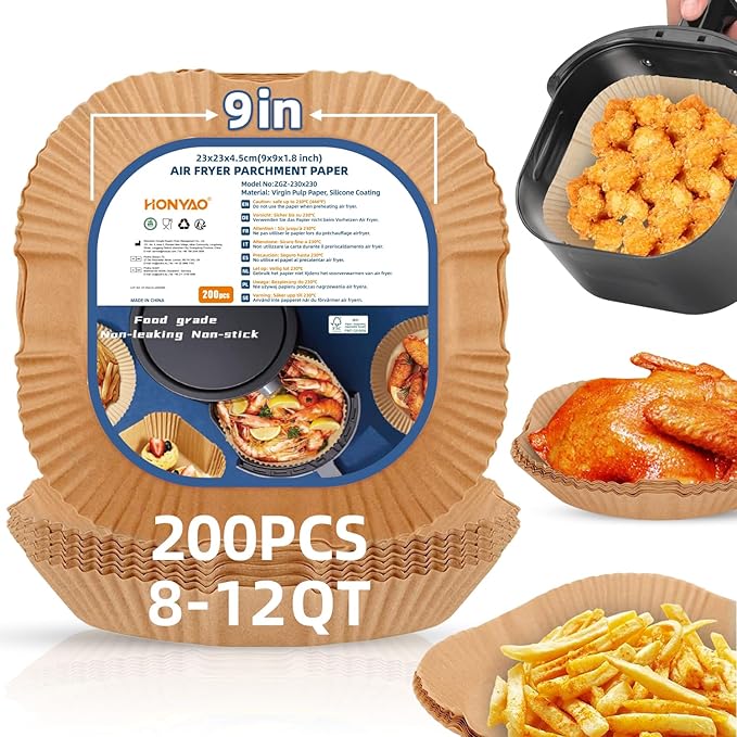 Air Fryer Paper Liners XXL for 8-12 Qt Airfryer, 200pcs 9-10 inch Square Thickened 50gsm Disposable