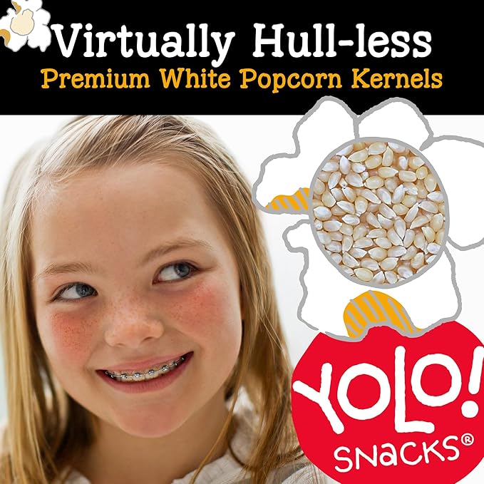 YOLO! Gourmet Virtually Hulless Popcorn Kernels, Premium White Butterfly Popping Corn, Non GMO