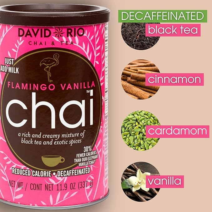 Flamingo Vanilla Decaffeinated Reduced Calorie Chai Tea Latte Mix, 48 Oz, Decaf Black Tea, Organic