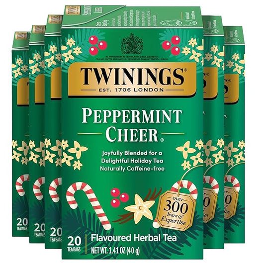 Twinings Peppermint Cheer Herbal Tea Individually Wrapped Bags, 20 Count (Pack of 6), Naturally