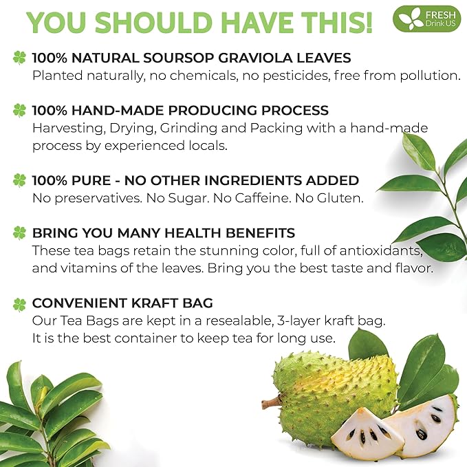 FreshDrinkUS, Premium 15 Soursop Graviola Leaf Tea Bags, 100% Natural & Pure from Soursop Leaves