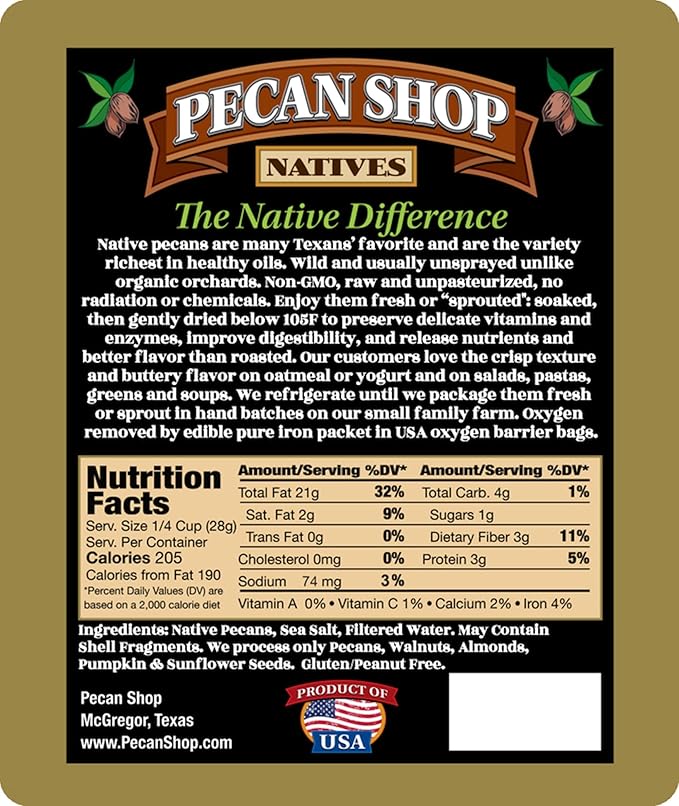 Pecan Shop Unsprayed Sprouted 12 Ounce Raw Family Recipe Crispy Sea Salt Texas Native Pecans