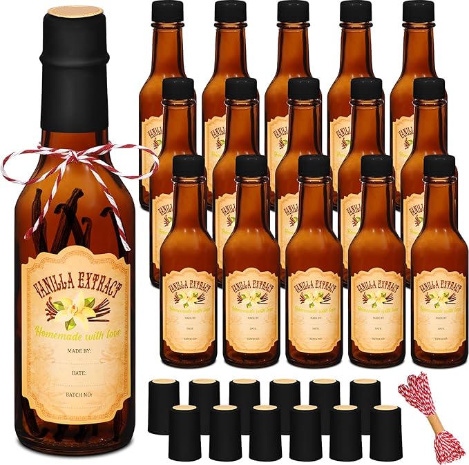 Tioncy 16 Pcs Vanilla Extract Bottles for Homemade Vanilla Jar Glass Bottle with Cap, Shrink Band