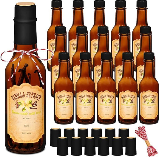 Tioncy 16 Pcs Vanilla Extract Bottles for Homemade Vanilla Jar Glass Bottle with Cap, Shrink Band