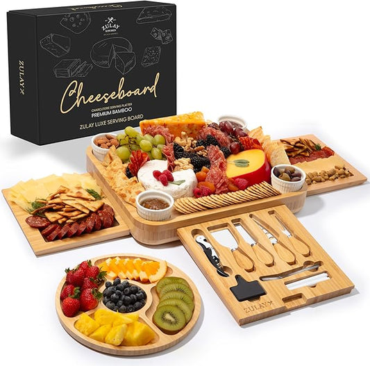 Zulay Kitchen Deluxe Bamboo Cheese Board Set - Extra Thick Bamboo Charcuterie Board Set with 4