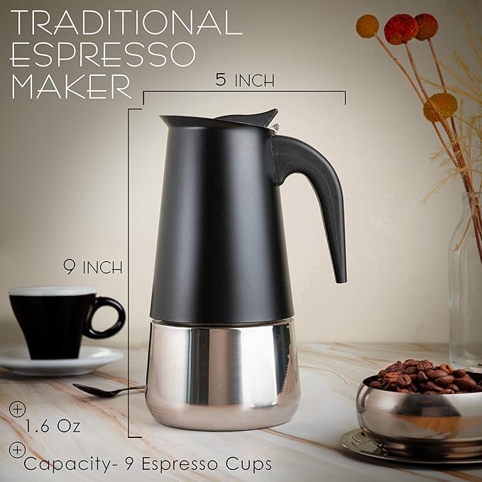 Mixpresso Black 9 Cup Greca Stovetop Espresso Pot 450ml/15oz, Moka Pot with Coffee Percolator