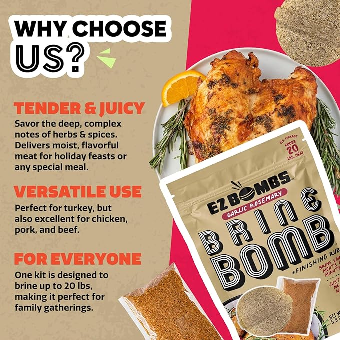 EZ Bombs Garlic Rosemary Brine Bomb Seasoning with Finishing Rub, Pack of 1 – All-in-One Turkey