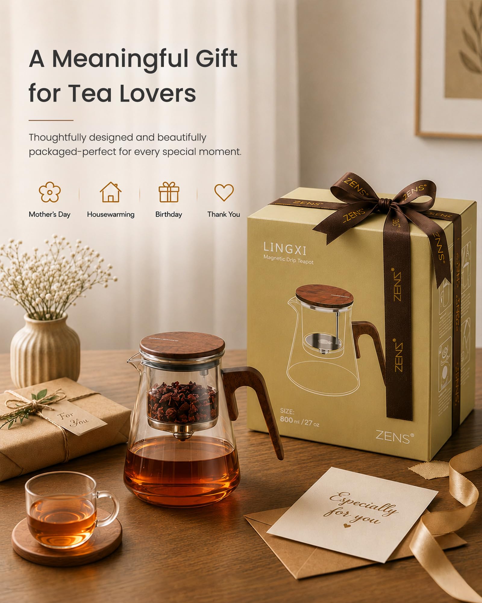 ZENS Magnetic Glass Infuser Teapot for Loose Tea, 27oz Walnut Wood Handle