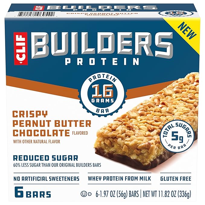 CLIF BUILDERS Protein Bars - Crispy Peanut Butter Chocolate Flavored - Reduced Sugar - Gluten Free