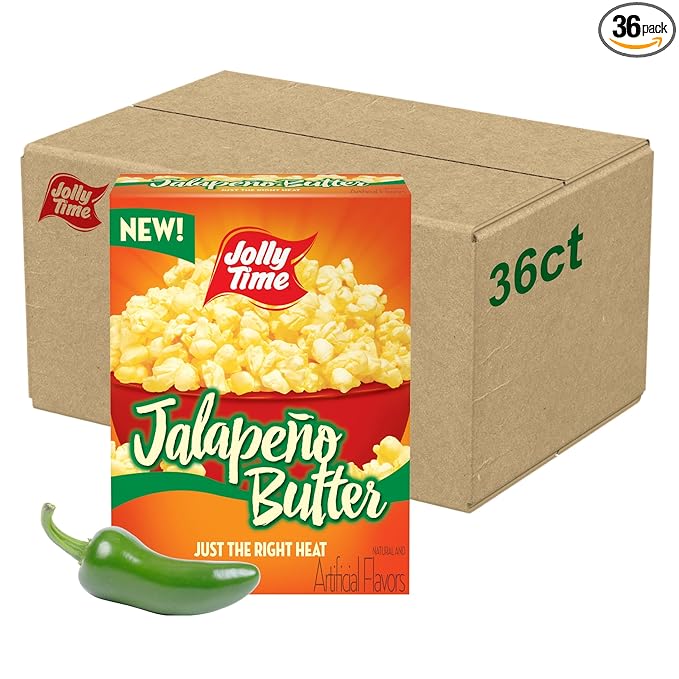 Jolly Time Jalape챰o Butter, Microwave Popcorn with Just the Right Heat, 3oz Sharing Bag, 6 Bags Per