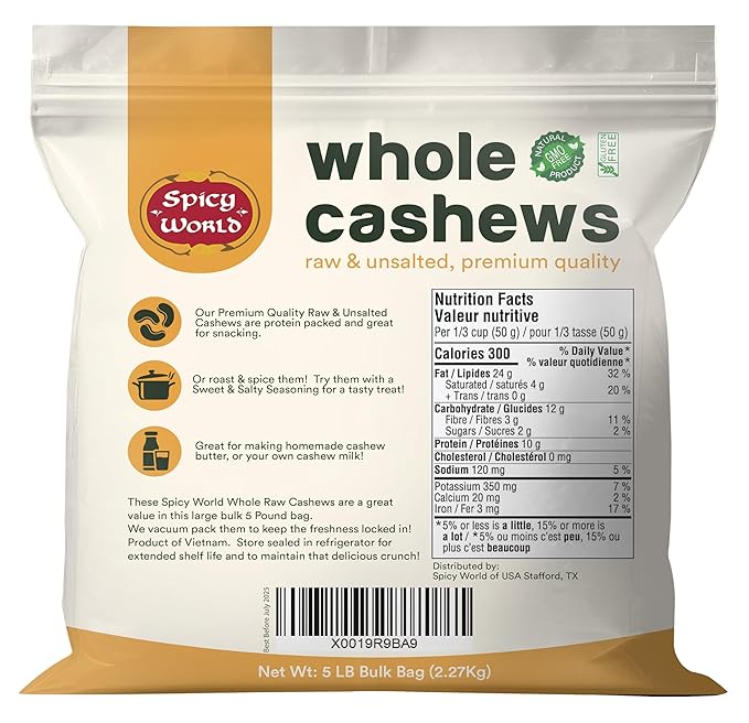Spicy World Raw Cashews 5 LB (80oz) Bulk - Non-GMO, Gluten Free, Peanut Free, No Additives
