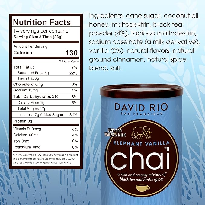 Elephant Vanilla Chai Tea Latte Mix, 14 Oz, Black Tea, Organic Spices, Dairy Free, Serve Hot or