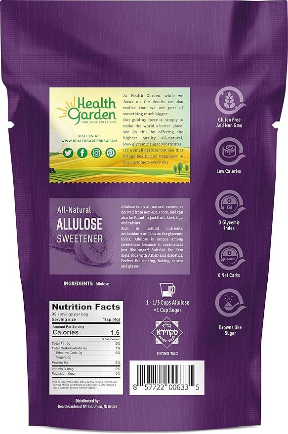 Health Garden Allulose Sweetener - Gluten and Sugar Free - Zero Net Carb - Non GMO - Kosher - Keto