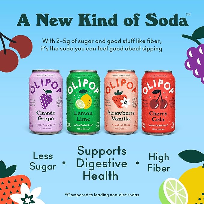 OLIPOP Prebiotic Soda Pop, Fruity Fun Variety, Pantry Pack Packed with Prebiotics, Fiber, and