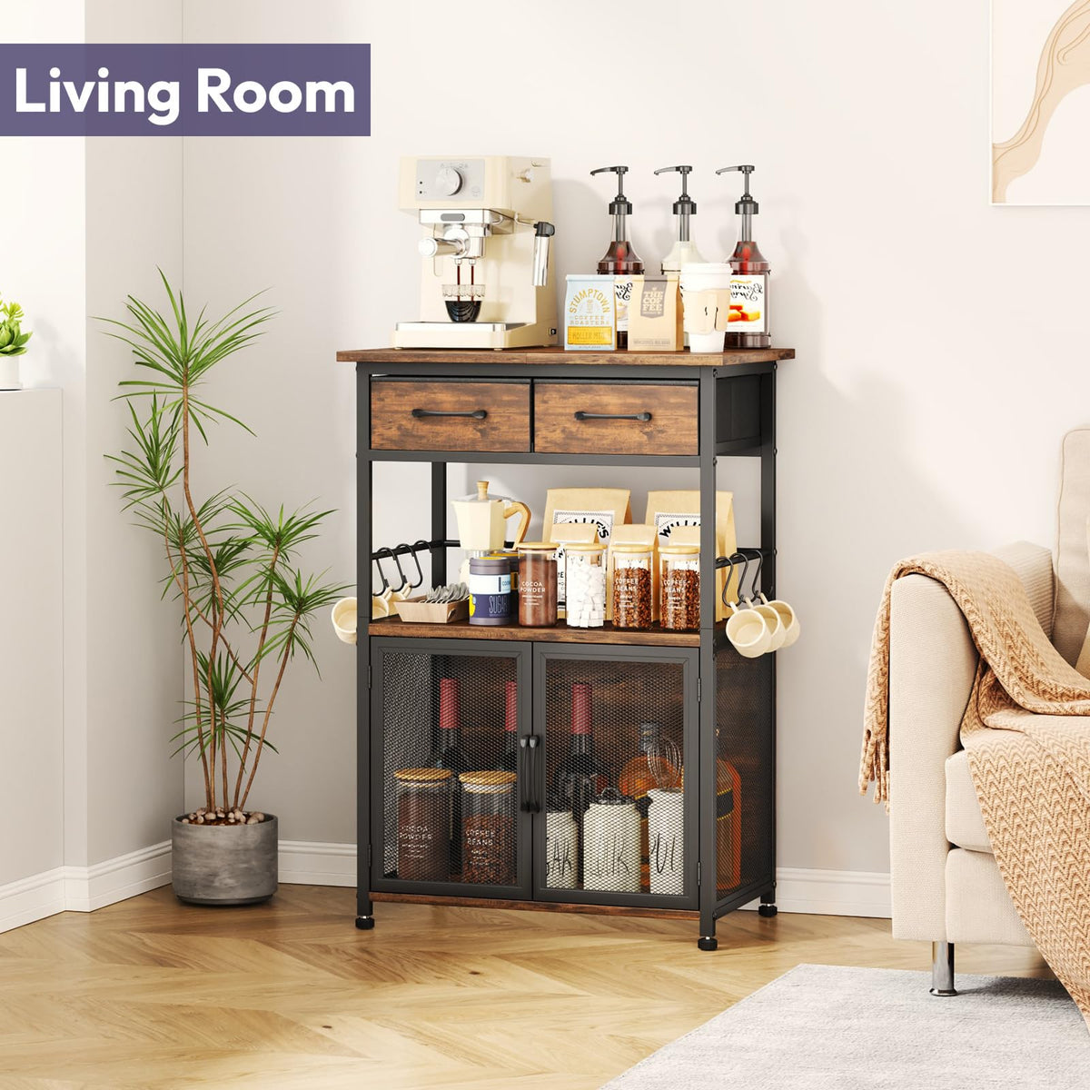 SWTYMIKI Coffee Bar Cabinet with Drawer - Coffee Stand Station with Removable Hooks, Buffet Cabinet
