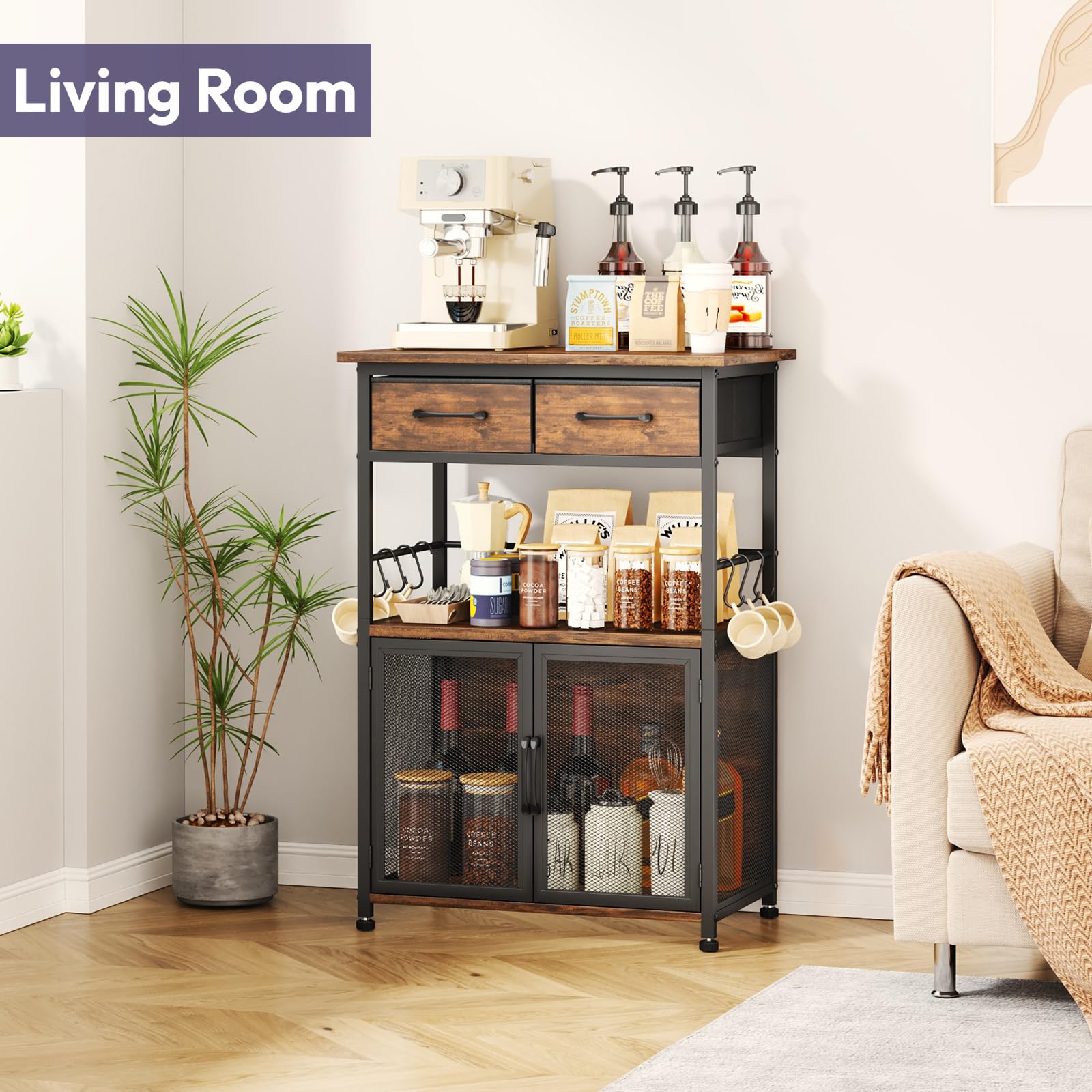 SWTYMIKI Coffee Bar Cabinet with Drawer - Coffee Stand Station with Removable Hooks, Buffet Cabinet