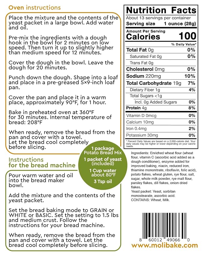 Molibake Potato Bread Mix - Pack of 4 - All-Natural Baking Mix for Bread Machine and Oven - 12 oz