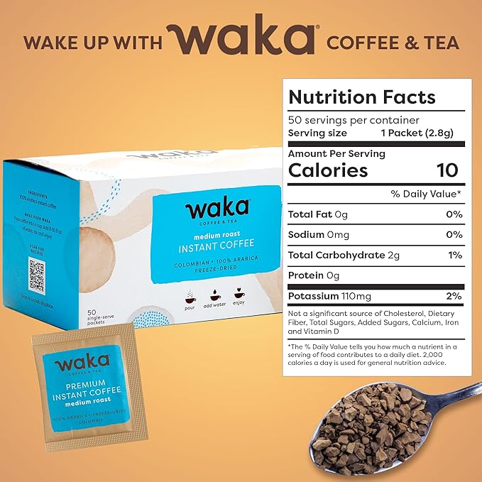 Waka Instant Coffee, Medium Roast - 100% Arabica Colombian Beans, Freeze Dried Granules, No