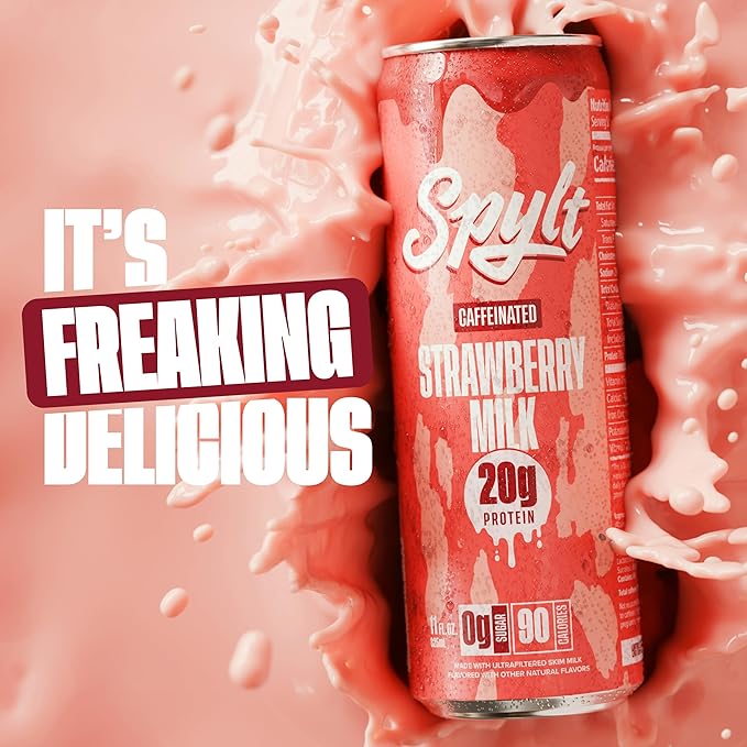 High Protein Strawberry Milk with 60mg Caffeine & 20g Protein - 90 Calories, Ready to Drink, Sugar