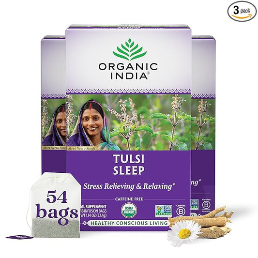 ORGANIC INDIA Tulsi Sleep Herbal Tea - Holy Basil, Ashwagandha, Chamomile, Night Time Tea for