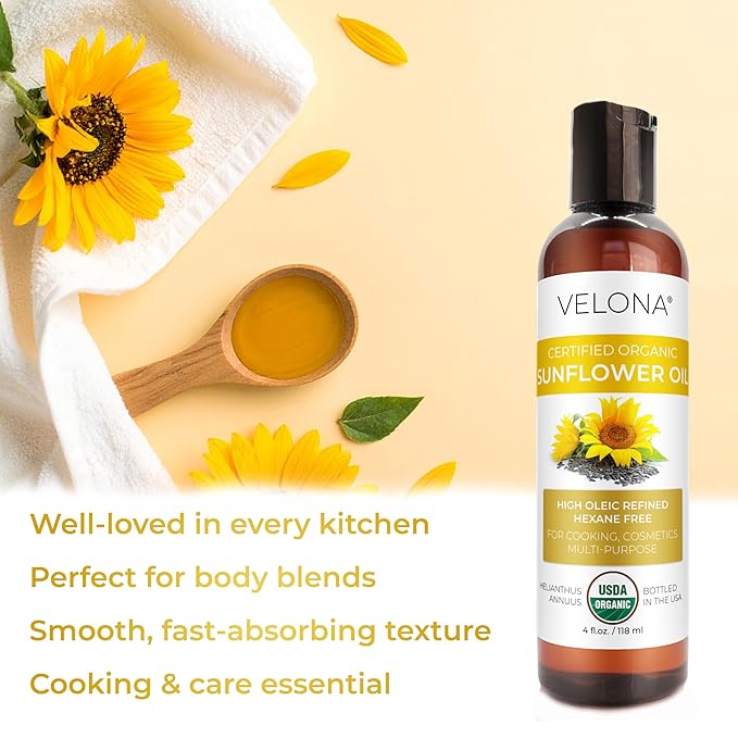 velona USDA Certified Organic Sunflower Oil - 4 Fl Oz | 100% Pure and Natural Carrier Oil | High
