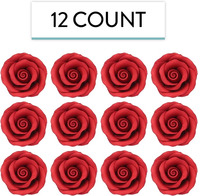 Global Sugar Art Premium Edible Roses, Red, Unwired, Medium 1.5 inches, 12 Count by Chef Alan