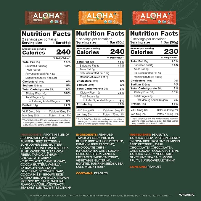 ALOHA Organic Plant Based Protein Bars - 3 Flavor Variety Pack - 12 Count, 1.98oz Bars - Vegan