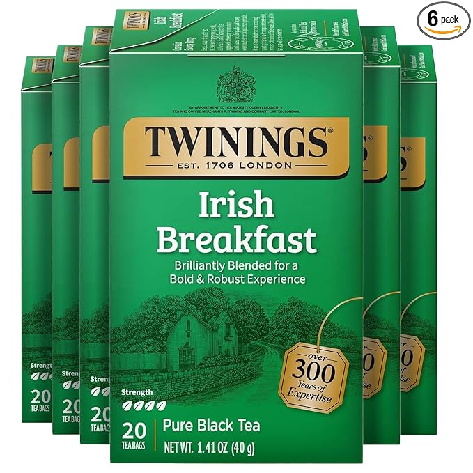 Twinings Irish Breakfast Black Tea Individually Wrapped Bags, 20 Count (Pack of 6), Flavourful