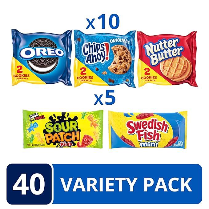 OREO, CHIPS AHOY!, Nutter Butter, SOUR PATCH KIDS & SWEDISH FISH Cookies & Candy Variety Pack, 40