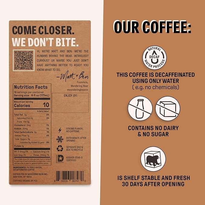 Wandering Bear Decaf Cold Brew Coffee On Tap, 96 fl oz - Bold, Smooth, Unsweetened, Shelf-Stable