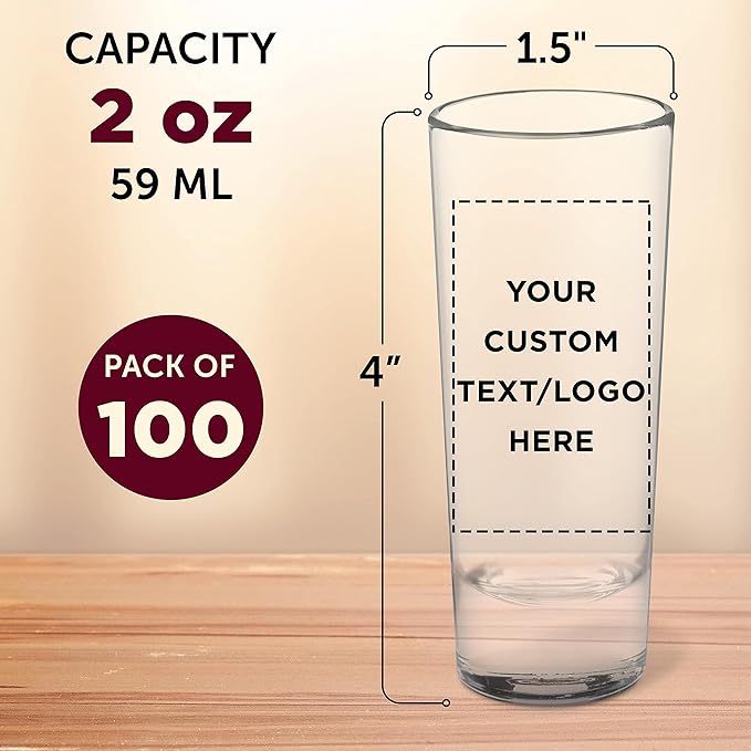 Custom Cordial Shooter Shot Glasses 2 oz. Set of 100, Personalized Bulk Pack - Great for Birthdays