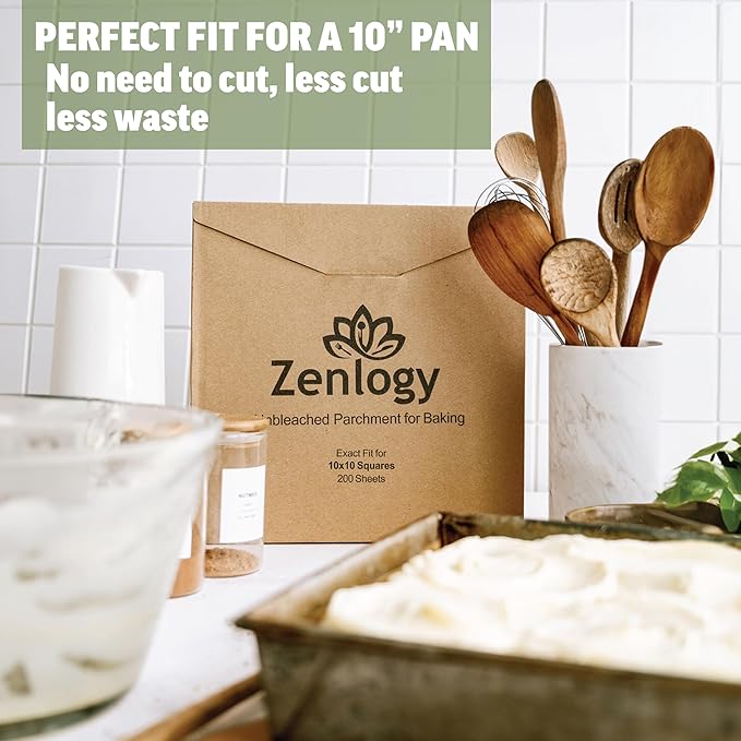 Zenlogy 10x10 Parchment Paper Squares (200 Sheets), Unbleached, High Heat, Non-stick, Pre-cut