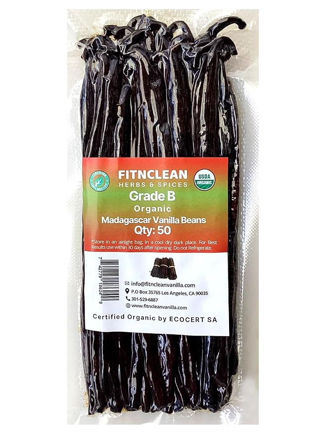 50 Madagascar Organic Vanilla Beans Grade B. Certified USDA Organic. 5"-7" by FITNCLEAN VANILLA for