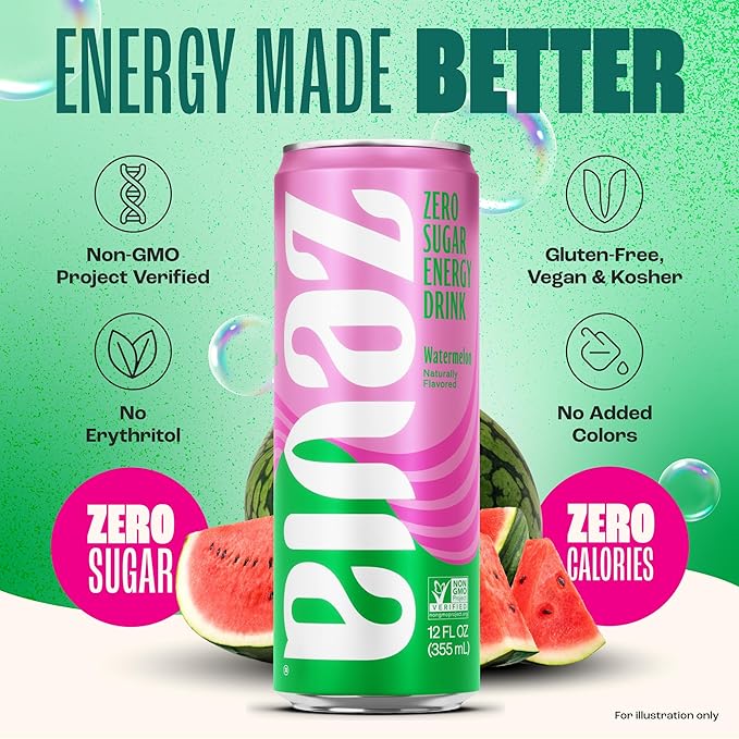 Zevia Zero Sugar Energy Drink, Watermelon, 12 oz Cans (12-Pack) – Naturally Sweetened, Non-GMO