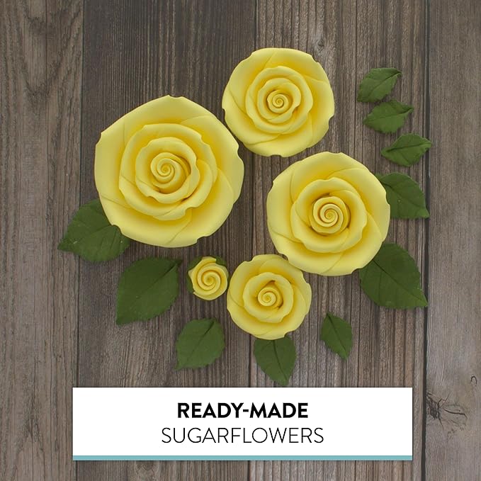 Global Sugar Art Exquisite Rose & Leaf Tray Sugar Cake Flowers, Yellow Unwired, 5 Count by Chef