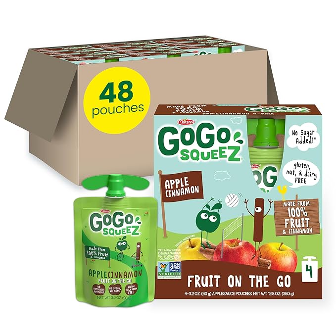 GoGo squeeZ Applesauce and Fruit Puree, Apple Cinnamon, 3.2 oz (Pack of 48), Unsweetened Fruit