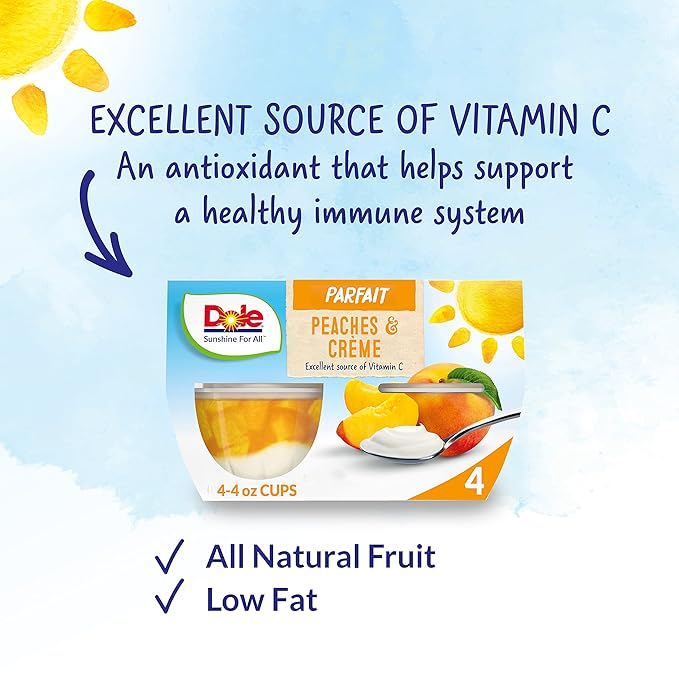 Dole Fruit Bowls Low Fat Peaches & Creme Parfait Snacks, 4.3oz 24 Total Cups, Gluten & Dairy Free