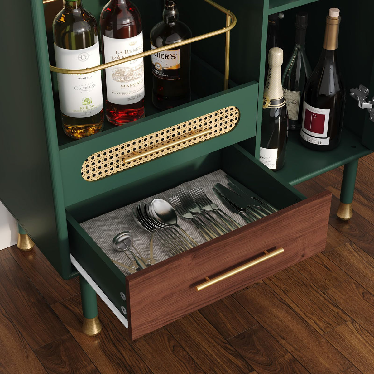 ARTPOWER Modern Coffee Bar Cabinet with Pull-Out Wine Storage, Green