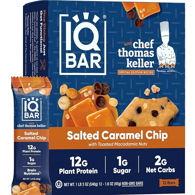 IQBAR x Chef Thomas Keller - Brain and Body Plant Protein Bars - Salted Caramel Chip - 12-Count