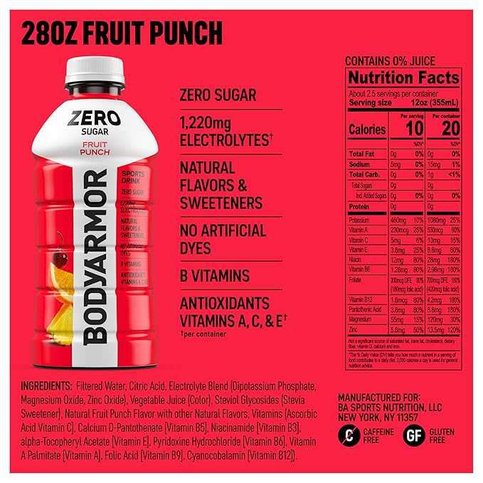 BODYARMOR ZERO Sugar Fruit Punch, Sugar Free Sports Drink - Low-Calorie Hydration - Natural Flavors