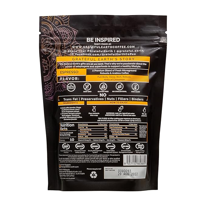 Grateful Earth Mushroom Coffee, Espresso Instant Coffee with Cinnamon, Turmeric, Lion’s Mane