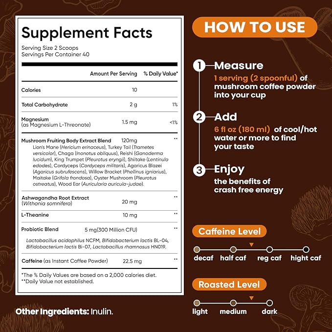 Venture Pal Mushroom Coffee with 12 Adaptogenic Functional Mushrooms with Ashwagandha, Lion's Mane